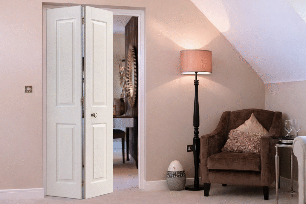 A white bifold interior door partially open in a cozy room with a floor lamp and armchair.