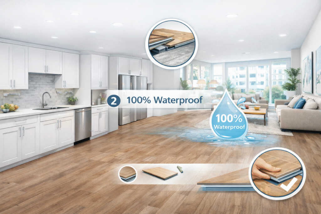 Bright modern apartment with wood-look SPC flooring, an open kitchen and living area, and multi-family buildings visible through large windows.