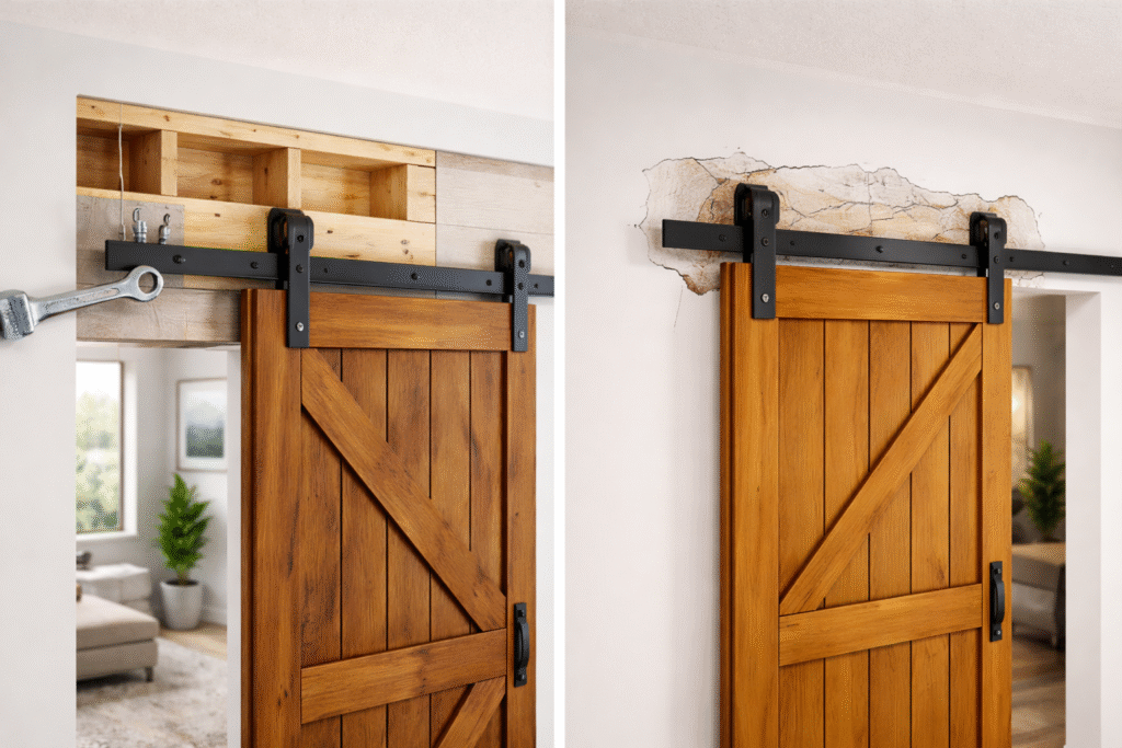 barn door installation with wall reinforcement and proper track mounting detail
