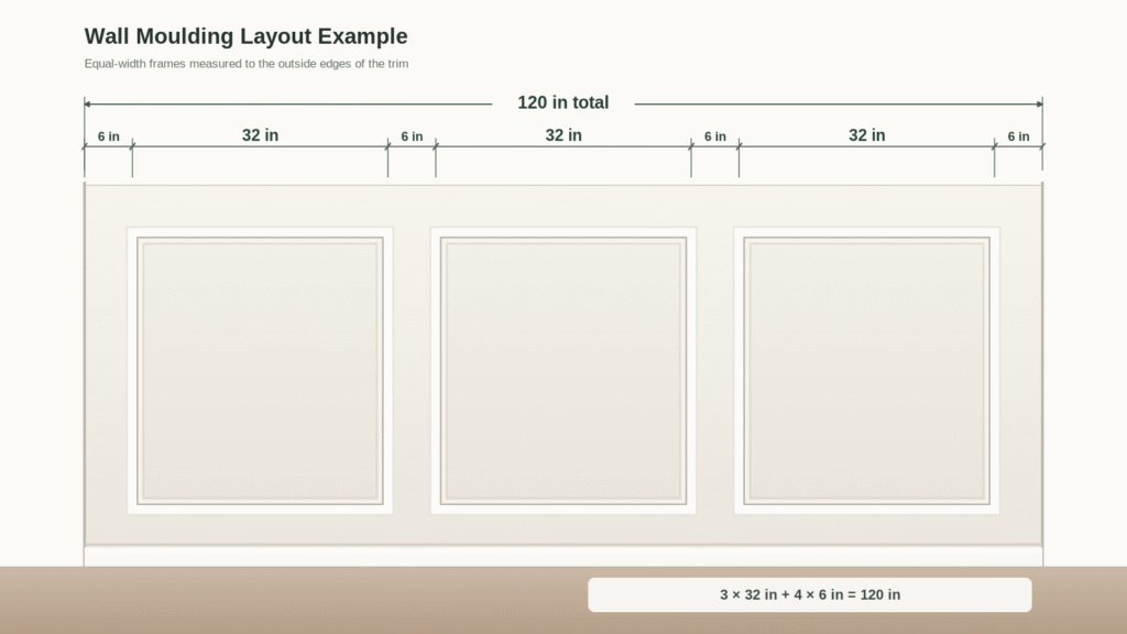 Wall moulding layout showing three 32-inch decorative frames with 6-inch spacing on a 120-inch wall.