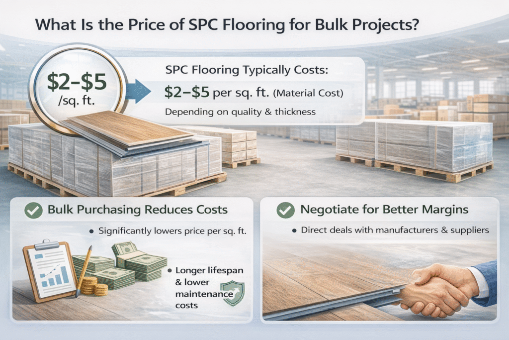 Warehouse scene with SPC flooring pallets, price signage, and bulk-buy visuals highlighting cost savings for large projects.