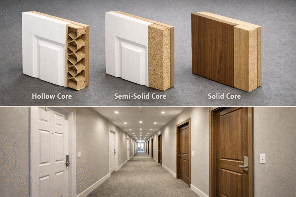 molded doors installed in apartment project interior corridor