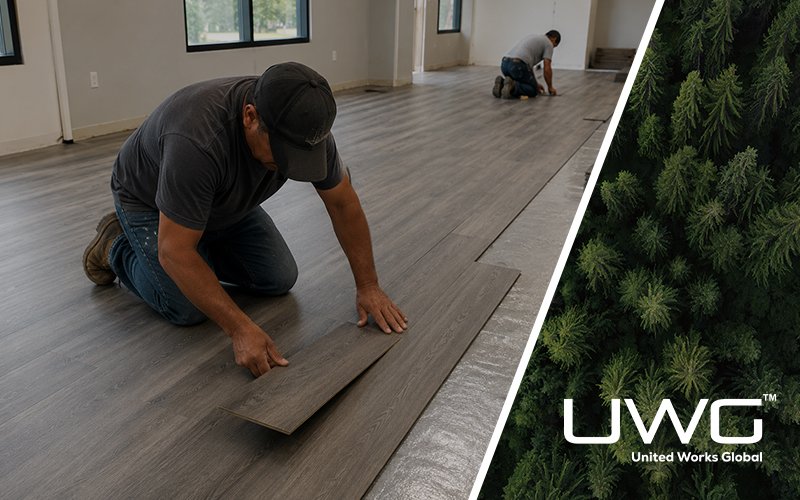 Professional installation of SPC flooring with click-lock system in commercial project