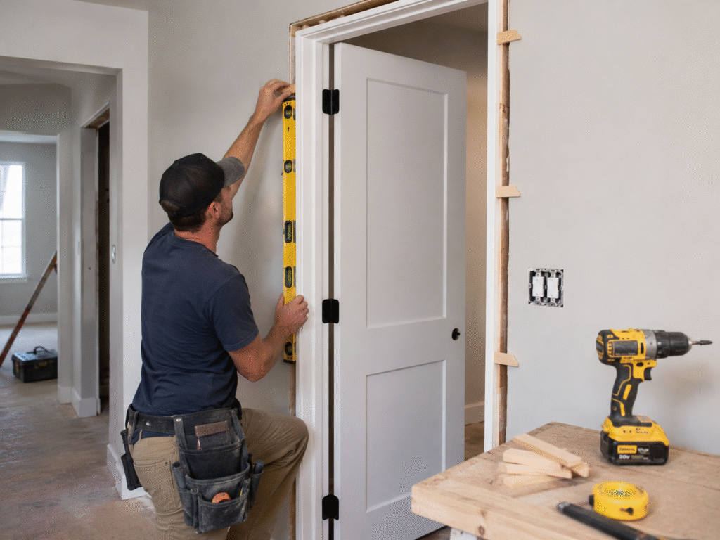 Installing wooden doors on the renovation site