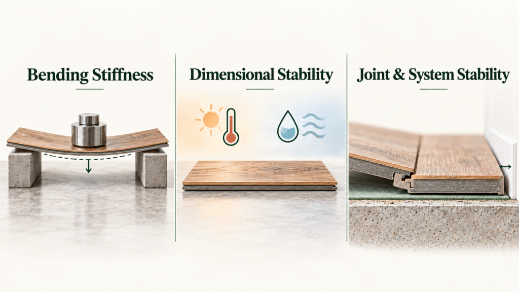 Flooring stability illustrated through bending stiffness, dimensional stability, and click-joint support.