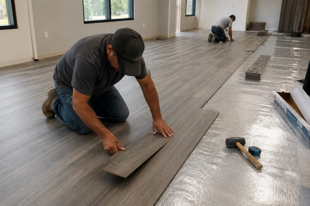Professional installation of SPC flooring with click-lock system in commercial project