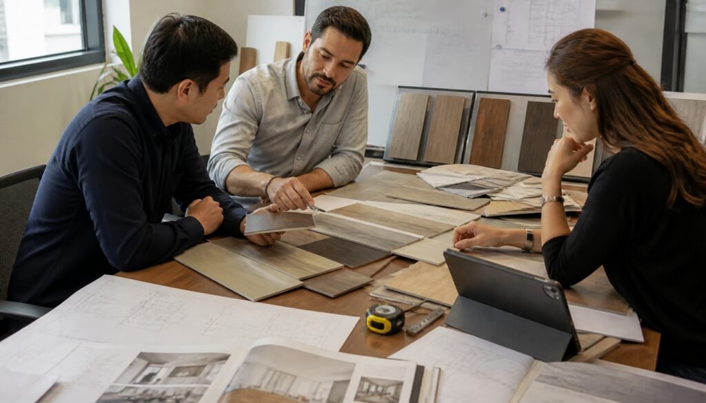 Developers and procurement managers reviewing SPC flooring samples for commercial projects
