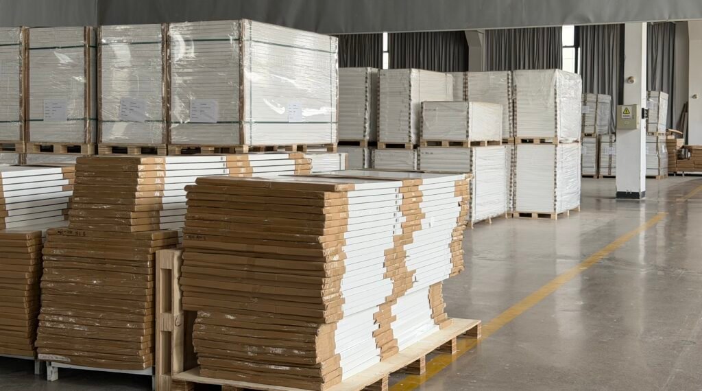 Packed Shaker interior doors prepared for large residential construction projects.