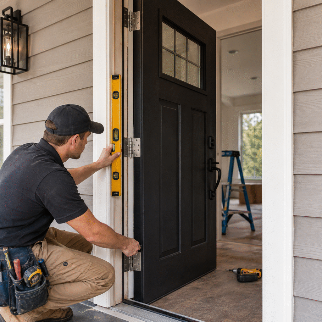 Door installation professional closeup