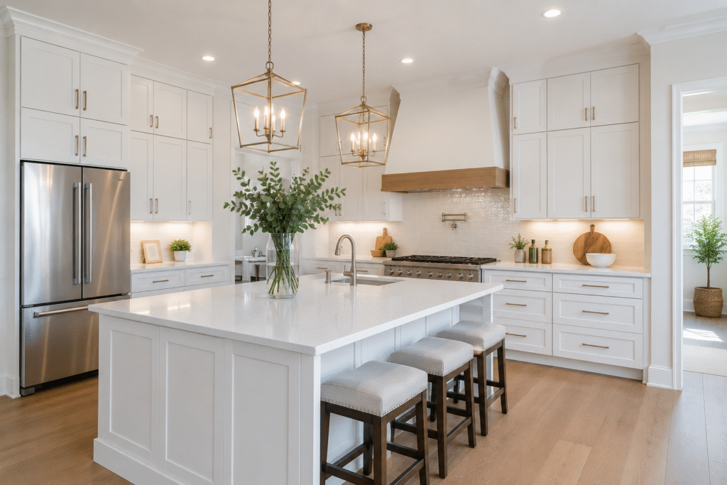Modern residential kitchen featuring painted shaker cabinets in a builder project