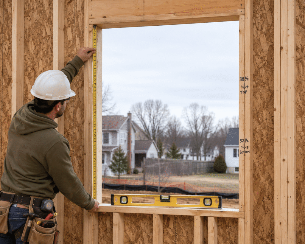 Builder checking rough opening dimensions before window installation
