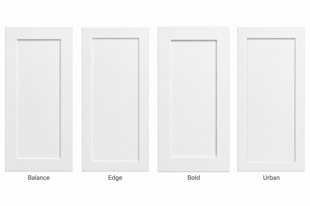 Comparison of Balance, Edge, Bold and Urban shaker cabinet door styles