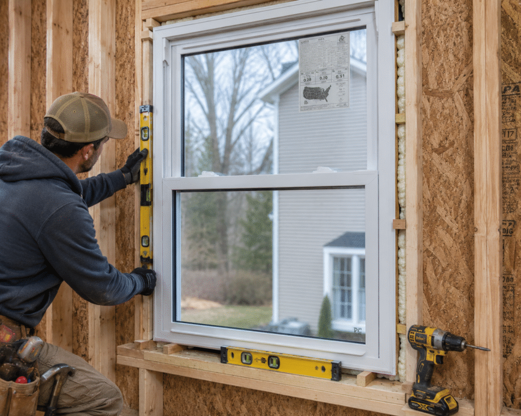 Installing and leveling a double hung window using shims