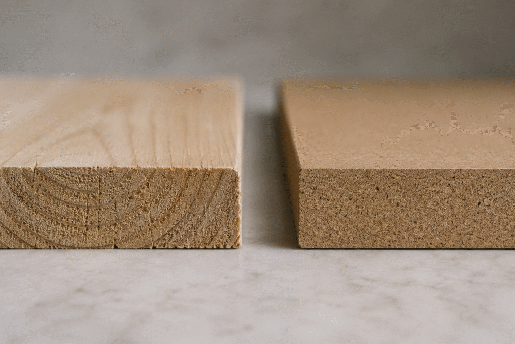Solid wood and MDF cabinet material cross section comparison