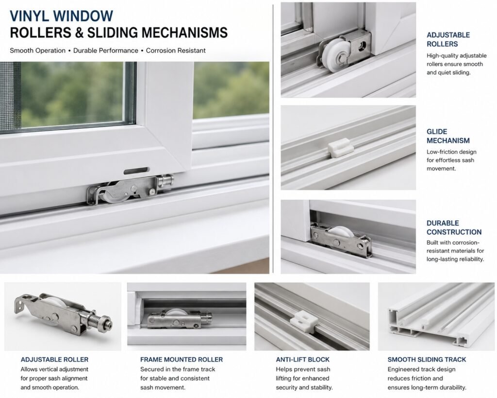 vinyl window rollers and sliding mechanism