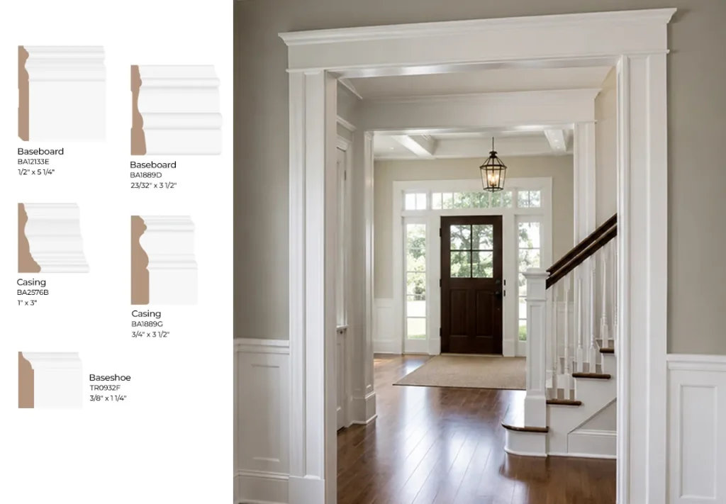 Craftsman and colonial door casing, baseboard, and trim profiles in a traditional home