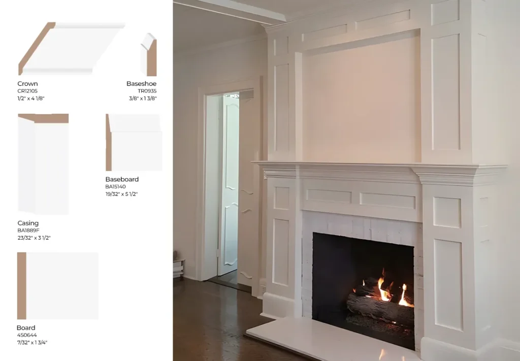 Modern flat-stock casing, baseboard, crown moulding, and wall trim around a minimalist fireplace