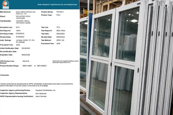 NFRC certification document displayed beside white vinyl window frames