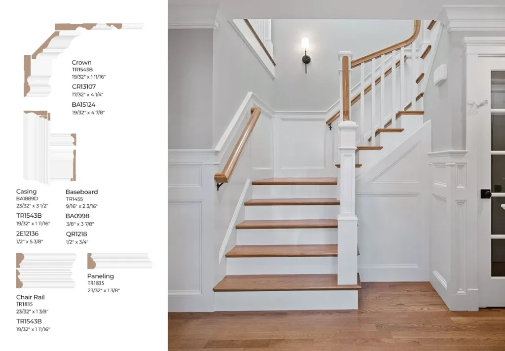 Victorian and fluted trim moulding profiles installed around a staircase and wall panels