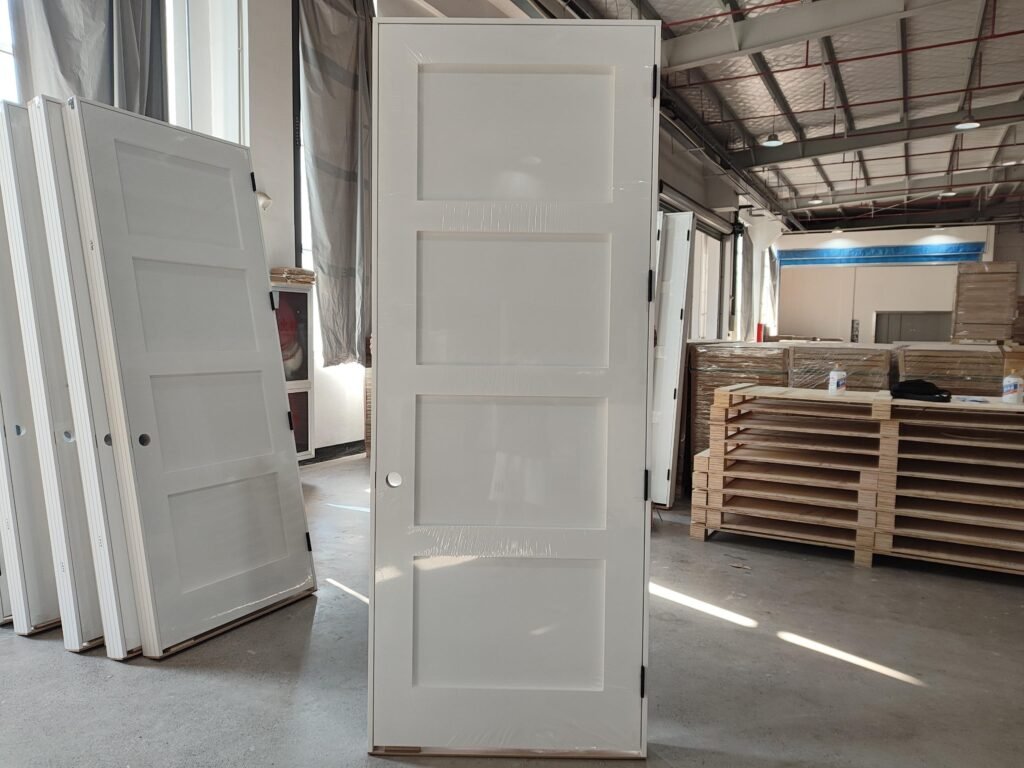 Four-panel interior prehung door and frame assembly