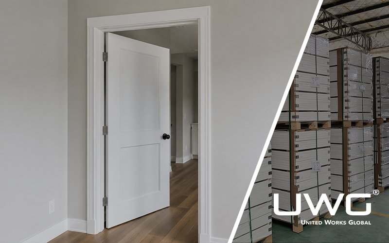 White interior door frame and casing installed flush with the finished wall