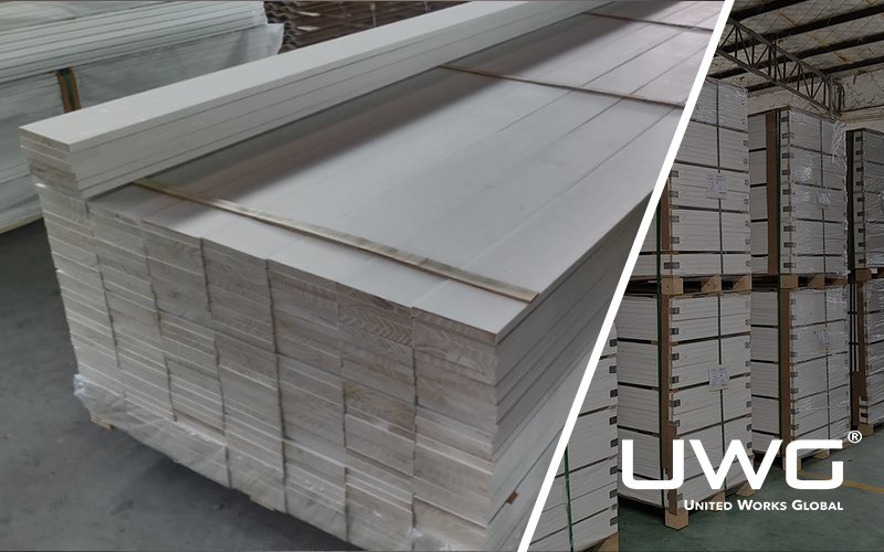 Pine Primed Mouldings Stacked in Factory Warehouse
