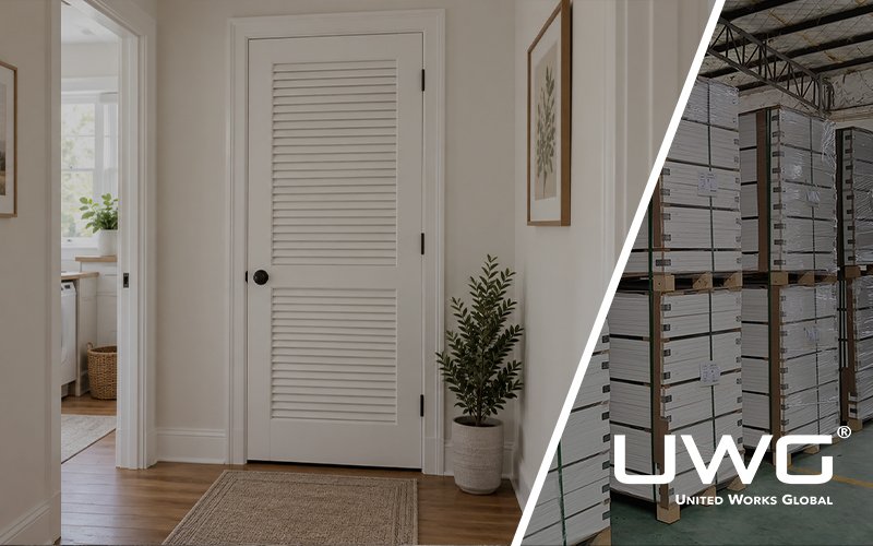 White louvered interior door in a bright modern hallway