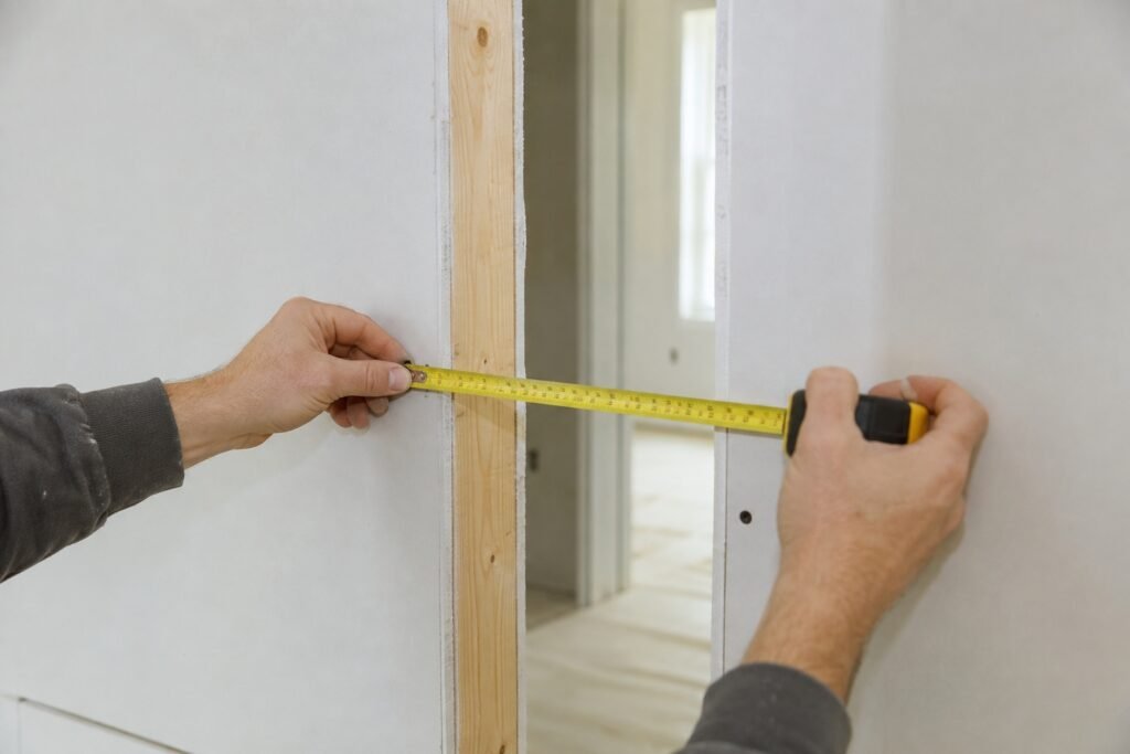 Contractor measuring finished wall thickness across a 2×4 drywall partition.
