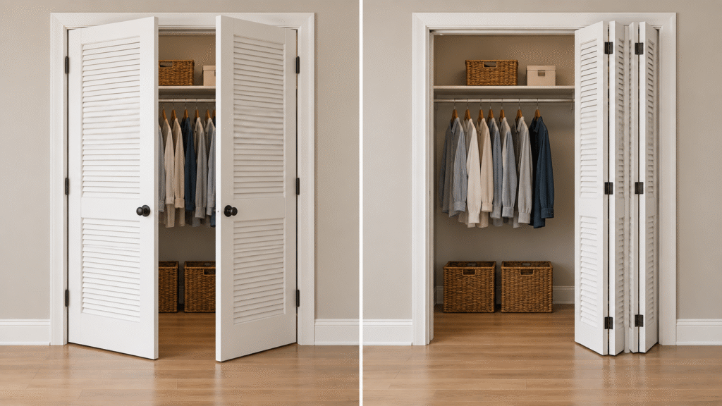 Paired hinged louvered doors and bifold louvered doors shown side by side on a closet opening