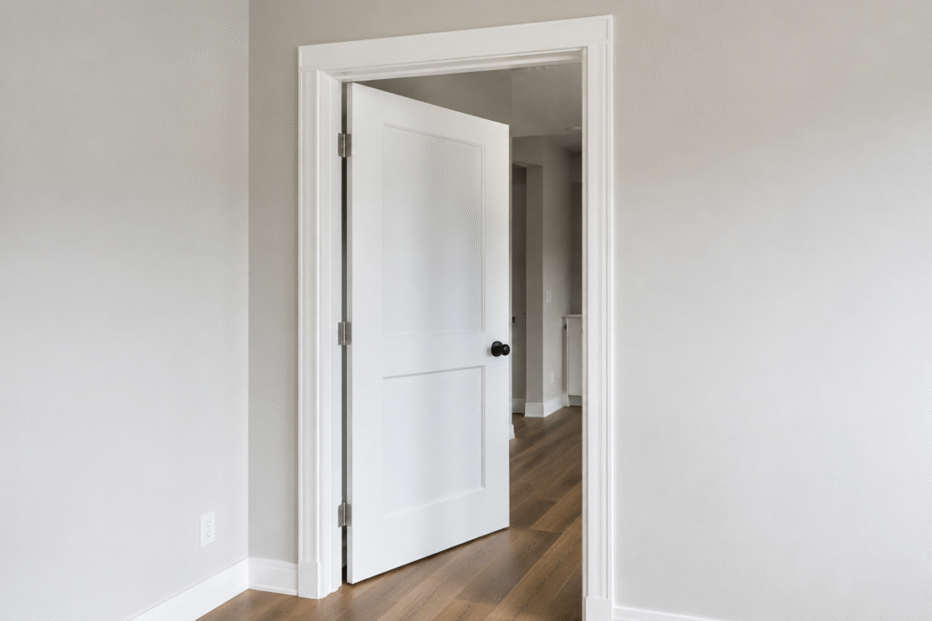 White interior door frame and casing installed flush with the finished wall