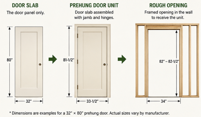 Door slab, prehung unit, and framed rough opening compared