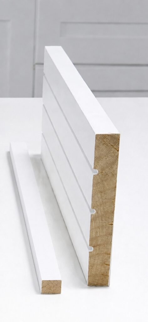 White primed flat jamb with a separate door-stop moulding.