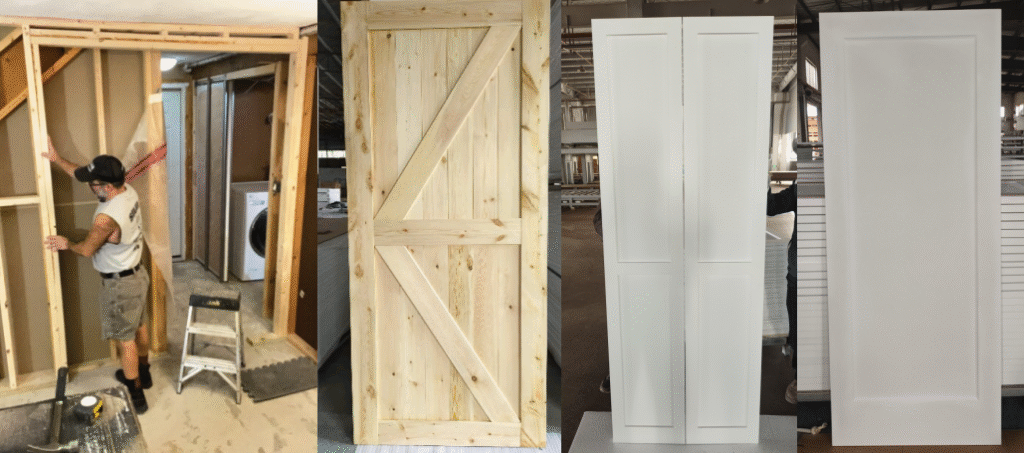 Pocket, barn, bifold, and bypass interior door configurations