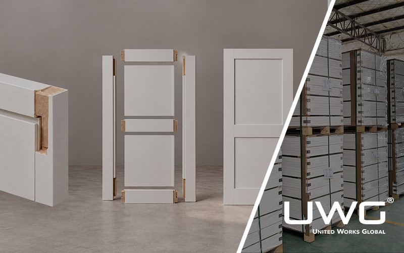 a white Shaker door showing its stiles, rails, recessed panels, and internal structure.