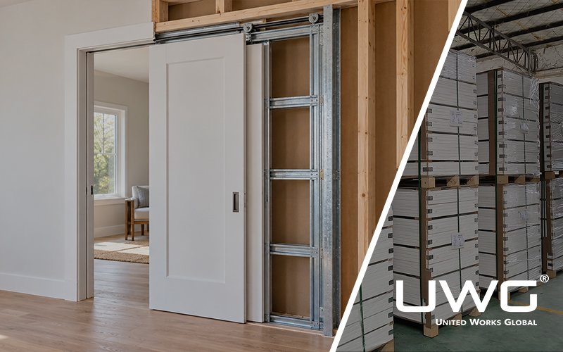 Pocket door frame kit with exposed wall studs, overhead track, and sliding door.