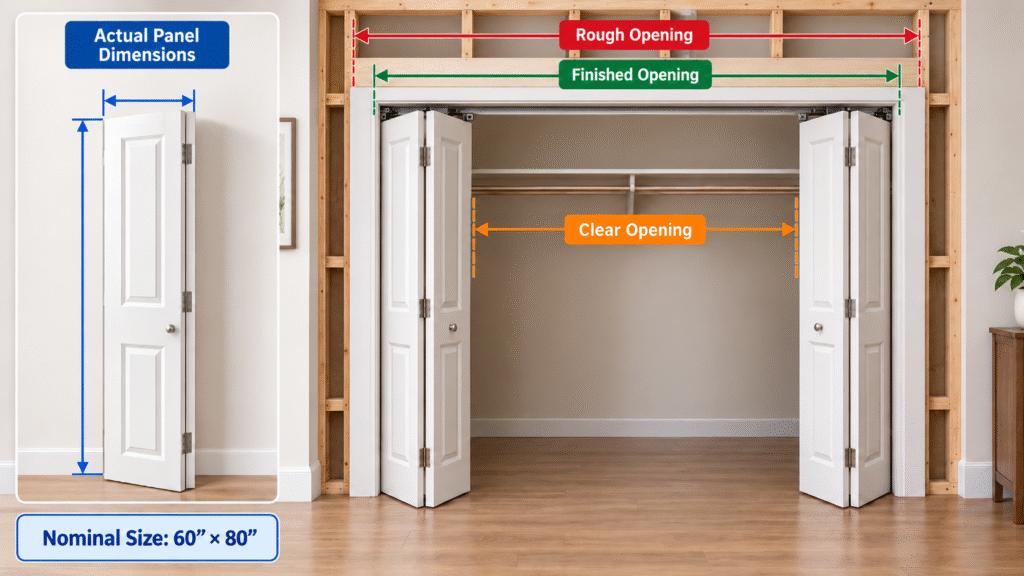 Bifold door size diagram showing nominal size, actual panel dimensions, rough opening, finished opening, and clear opening