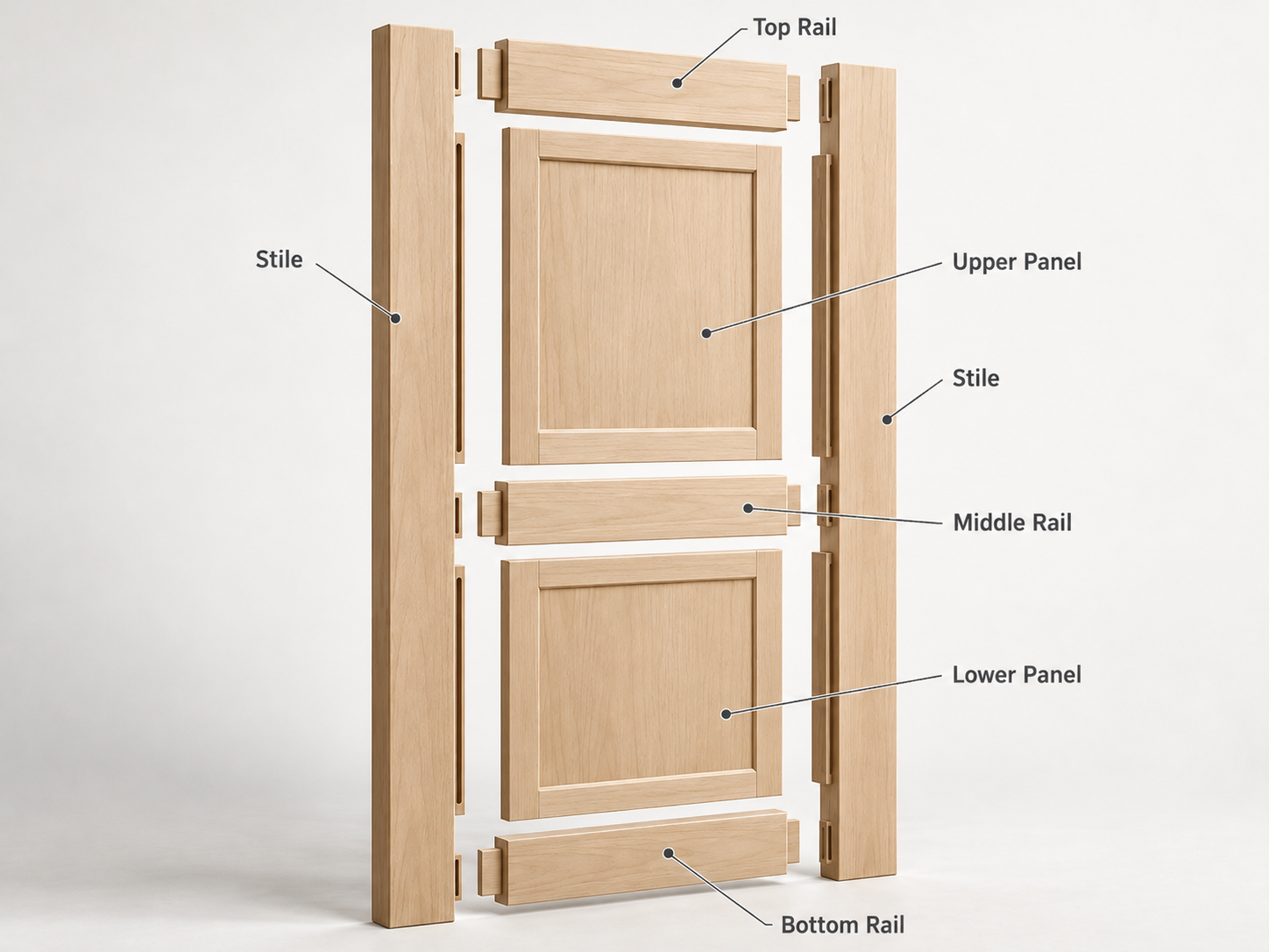 Exploded view of a Shaker interior door showing vertical stiles, horizontal rails, and the center panel.