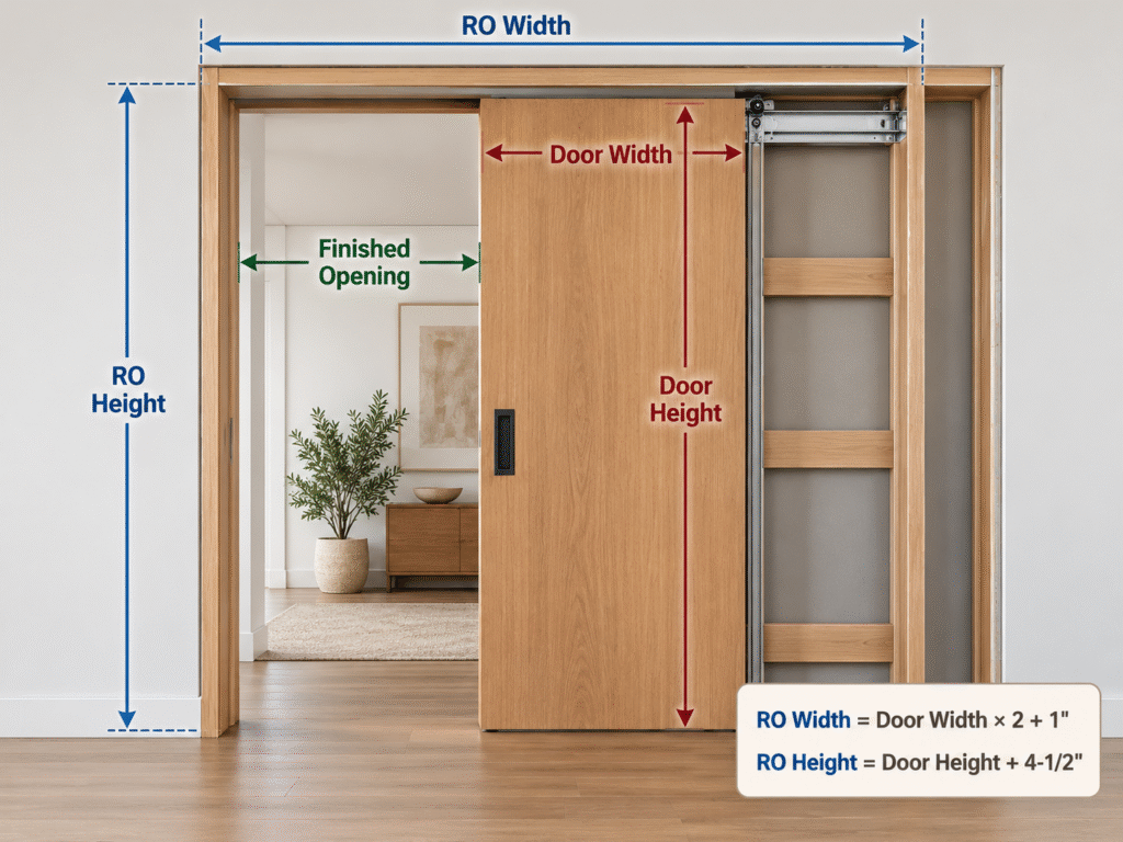 Pocket door rough opening and door dimensions illustration