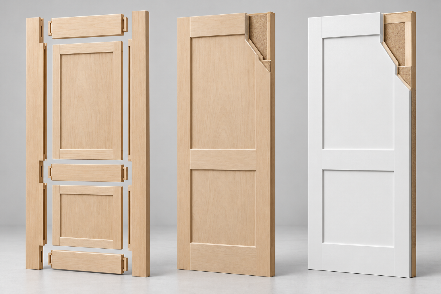 Three Shaker door construction types frame-and-panel, routed, and molded, showing their internal structures.