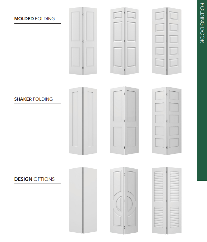 White bifold door styles featuring molded, Shaker, flush panel, decorative, and louvered designs