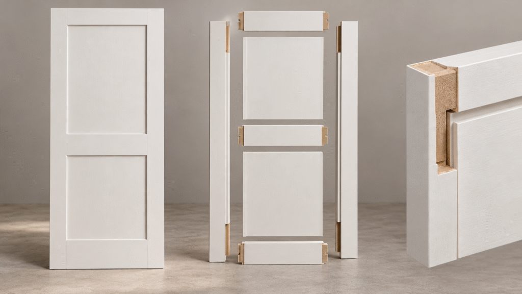 a white Shaker door showing its stiles, rails, recessed panels, and internal structure.
